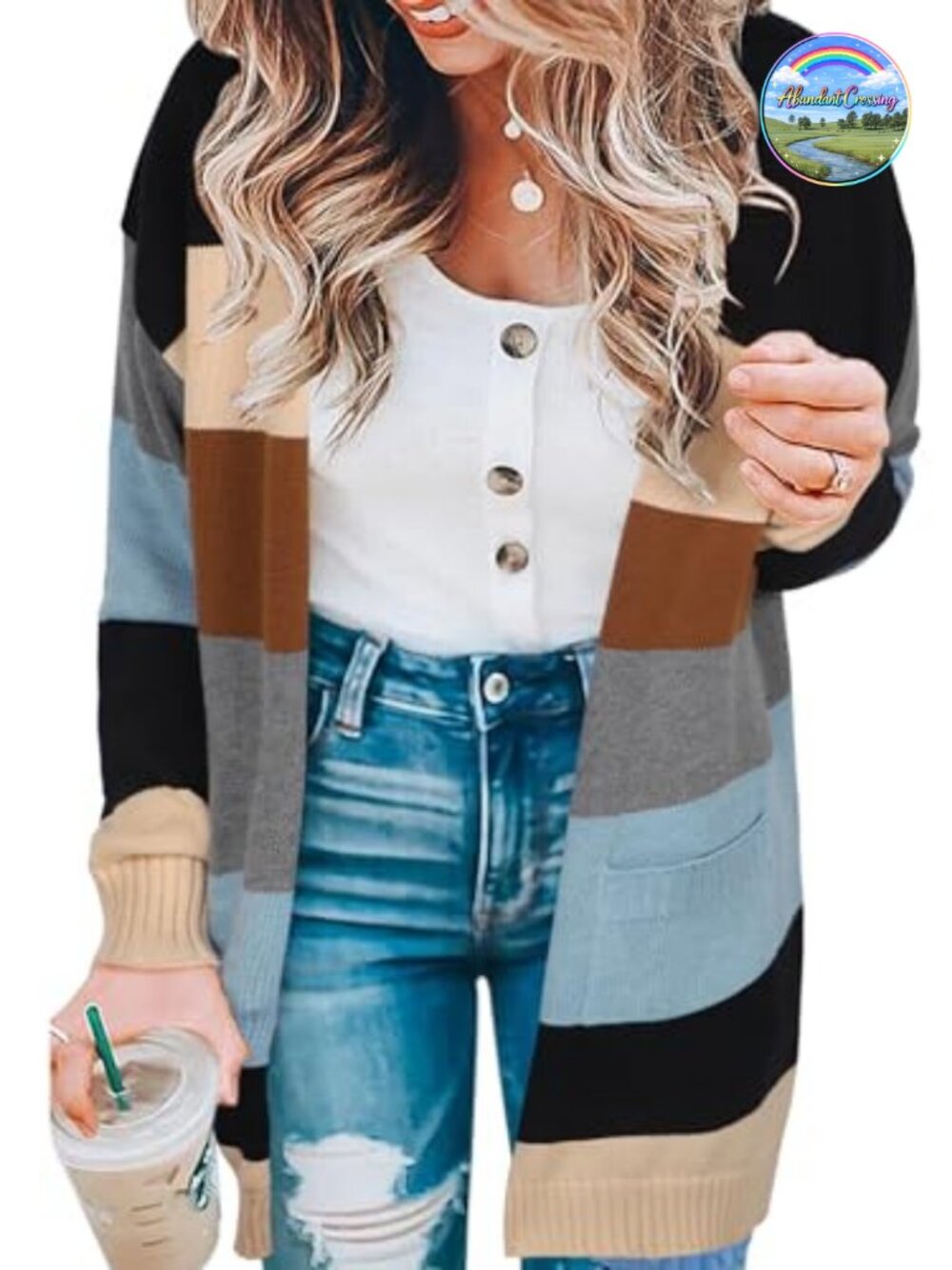 Womens Striped Cardigan Sweater with Pockets - Long Sleeve Knit Open Front -
